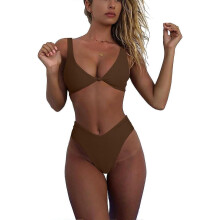 (S, Brown) Bikini Set for Women Solid V Neck Knot Front Push Up High Leg Thong Two Piece Swimsuit
