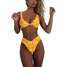 (XS, Yellow Floral) Bikini Set for Women Solid V Neck Knot Front Push Up High Leg Thong Two Piece Swimsuit
