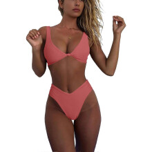 (S, Reddish Orange) Bikini Set for Women Solid V Neck Knot Front Push Up High Leg Thong Two Piece Swimsuit