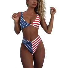 (XS,American Flag)Bikini Set for Women Solid V Neck Knot Front Push Up High Leg Thong Two Piece Swimsuit