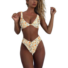 (L, Apricot Floral) Bikini Set for Women Solid V Neck Knot Front Push Up High Leg Thong Two Piece Swimsuit