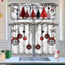 Christmas Kitchen Curtains 3-Piece Set, Red Pine Trees & Snowflakes, Rod Pocket, Farmhouse Holiday Decor, 36"