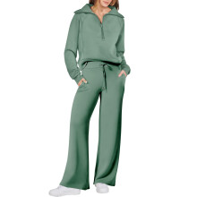Conjunto deportivo de dos piezas para mujer, ideal para otoño/invierno: sudadera con solapa y media cremallera y pantalones de pierna ancha con