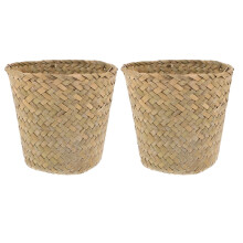 2pcs Woven Storage Basket Compact Trash Can Mini Woven Waste Basket For Bedroom Bathroom And Office Space-Saving Straw Woven Basket