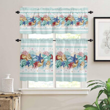 Summer Ocean Teal 3-Piece Kitchen Curtain Set with Rod Pocket, Washable Valance & Tiers – Starfish, Shells, Coral Design