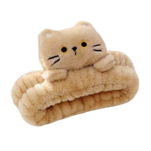Xinwanna 1/3Pcs Cartoon Cat Decor Headbands Coral Fleece Elastic Makeup Face Wash Hair Band Women Spa Headband (Khaki)