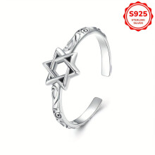 2.6g Sterling Silver Cuff Ring, 925 Silver Adjustable Open Ring with Star of David, Vintage Luxury Style for Women