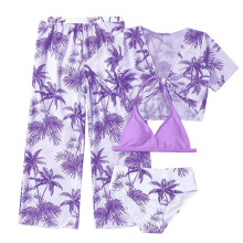 AWZXDE Mädchen 4-teiliger Badeanzug, Bikini-Set mit tropischem Print, Netzhose und Trägern, Badeanzüge für größere Kinder, Lila, 9-10 Jahre