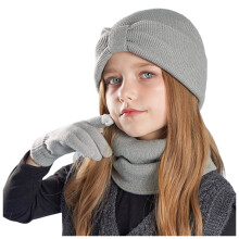 Girls Knitted Winter Hat Scarf Gloves Set Grey One Size