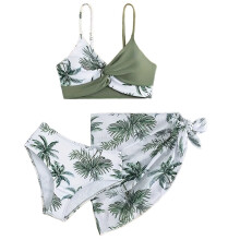 AWZXDE Mädchen Bikini 3-teiliges Set mit tropischem Blumenmuster, Knoten vorne und Überrock, Badeanzug, Bademode, Armeegrün