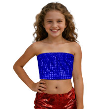 AWZXDE Top a fascia corto con paillettes scintillanti per bambina, ideale per danza, cheerleading, foto e abbigliamento per bambini, blu, 5-6 anni