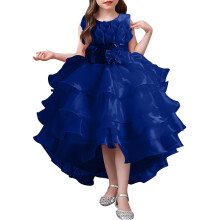 AWZXDE Childrens Solid Color Irregular Mesh Lace Knee Length Trailing Long Dresses Wedding Puffy Flower Girl Gown Blue,4-5Y