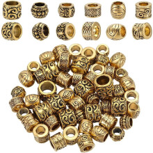 60pcs Large Hole Alloy Tibetan Spacer Beads, Antique Gold Rondelle/Barrel/Tube, Hollow Loose Beads for Jewelry Making, Bracelet DIY – Compatible