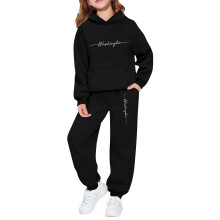 AWZXDE Girls Print Hoodie And Pants Two Piece Casual Outfit Soft Girls Fall Outfits Comfortable Playwear 2 To 13Y Black,8-9 Years
