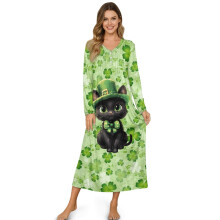 Camisola feminina de manga comprida com decote em V – Camisola macia com botões frontais, comprimento longo, verde com gato preto e trevo,