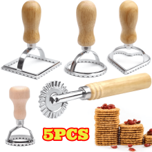 5pcs Ravioli Cutter with Roller Wheel, Wooden Handle and Fluted Edge, Aluminum Ravioli Stamp Cutter for Pasta, Dumplings Lasagna