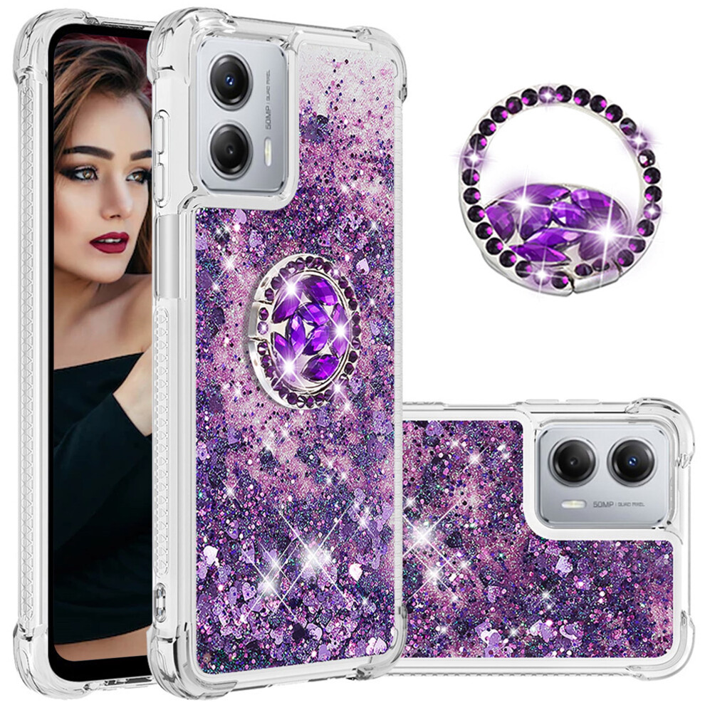 Glitter Clear Bling Case For Motorola Moto G 5G (2023) Â Liquid Quicksand Design With Diamond Ring Holder, Lsz Purple 9028731757698
