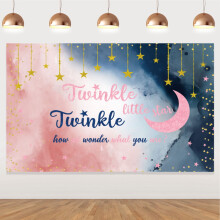 Twinkle Little Star Gender Reveal Backdrop – Pink & Blue Baby Shower Background, Golden Star Party Decoration, Compatible with Photography & Cake
