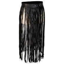 Hippie Frynse Tassel Svart PU-skinn Damebelte Høy Midje Lange Belter Kjole