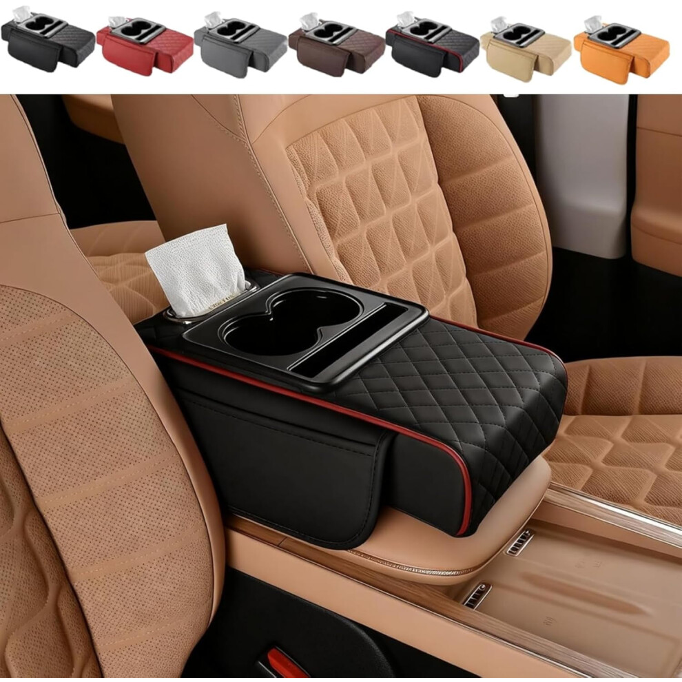 Multifunctional Pu Leather Car Armrest Box Mat With Elbow Support, 2 Storage Bags, Cup Holder, Tissue & Phone Slots, Universal Fit 9028731761695