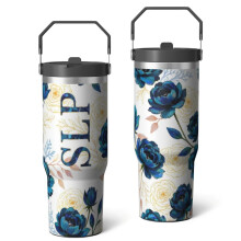 30 Oz Blue & Gold Rose Plane Tumbler with Lid & Straw – Birthday, Thanksgiving, Halloween, Christmas Gift – Compatible with All Standard Car Cup