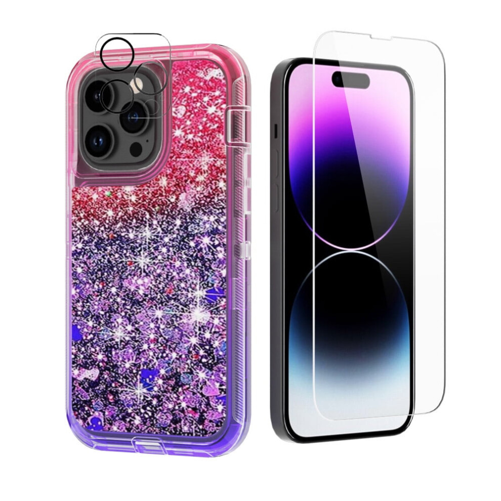 Compatible With Iphone 14 Pro Max: Clear Shockproof Case + Screen & Camera Protectors, Bling Glitter Quicksand Sparkle (+Purple) Red/Purple 9028731084633