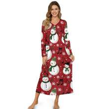 Women's Long Sleeve Nightgown – Cozy Full-Length Sleep Dress, Soft Button House Dress for Christmas, S, Snowman/Musical Note Red