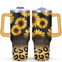Gele drinkbeker met luipaardprint (1,2 liter), vacuümgeïsoleerd, met handvat, deksel en rietje – Leuk cadeau voor vrouwen, mannen en vrienden.