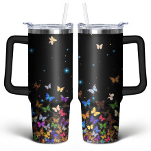 Bunter Farbverlauf-Schmetterlingsbecher (887 ml) mit Henkeldeckel und Strohhalm – Edelstahl, vakuumisoliert – Süßes Geschenk für Frauen,