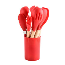 11 piece set of silicone kitchenware with wooden handle, non stick spatula kitchenware set with storage bucket, 12 piece set