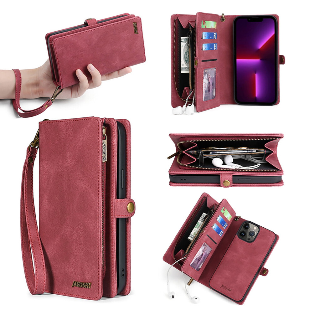 Allytech Wallet Case For Iphone 15 Â Detachable Back, Card Slots, Zipper, Stand & Hand Strap Â Red 9479868102668
