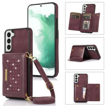 Shockproof Leather Bling Glitter Card Pocket Case for Samsung Galaxy S22 – Hybrid Rubber Kickstand Cover with Shoulder Strap, Wine Red