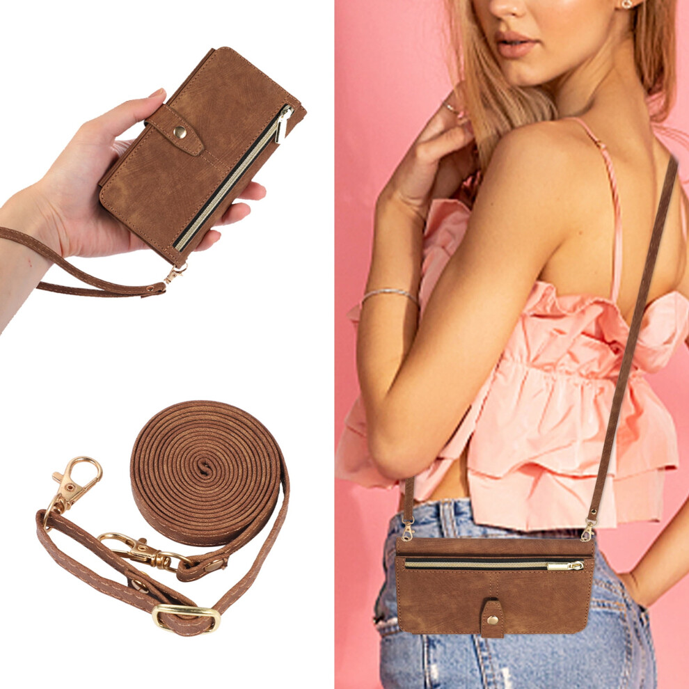 Compatible With Iphone Xr Wallet Case Â Magnetic 9-Card Folio With Removable Crossbody Strap, Wristlet & Zipper, Pu Leather Brown 9479868100466