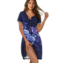 Women's Short Sleeve Nightgown – Soft, Cozy Sleep Dress, Button-Down Pajama Dress, Relaxed Fit, XL, Hummingbird Rose Flower Print