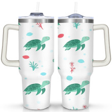 Leuke drinkbeker met zeeschildpadmotief (1,2 liter) met handvat, deksel en rietje – Roestvrij staal, dubbelwandig vacuümgeïsoleerd – Geschikt