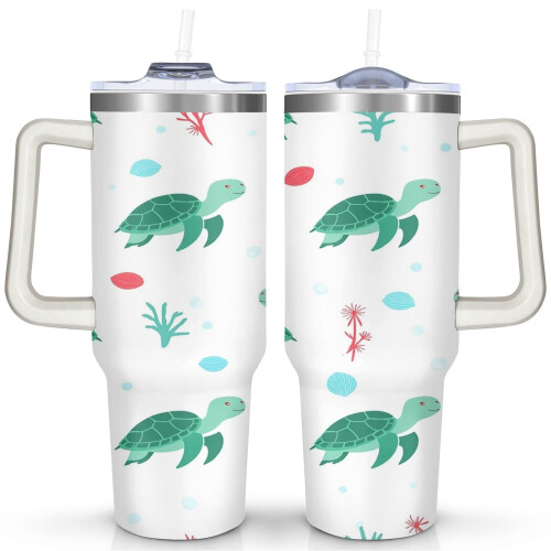 Χαριτωμένο ποτήρι Sea Turtle 40oz με λαβή, καπάκι και καλαμάκι – Ανοξείδωτο ατσάλι,