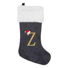 Christmas Stocking – White Plush Velvet, Grey Fabric Letter Design, Cute Xmas Tree Ornament & Festive Hanging Decoration (10.62 x 18.5 in)