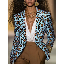 Women's Pink Leopard Print Long Sleeve Blazer Slim Fit Notch Lapel Button Spring Fall Fashion Office Wear Blue,M
