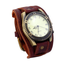 Vintage Roman numeral quartz watch with brown faux leather