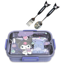Boîtes à bento tout-en-un imprimées Kuromi, mignonnes et de style cartoon, avec cuillère intégrée. Fermeture kawaii à 4 points. Idéales pour