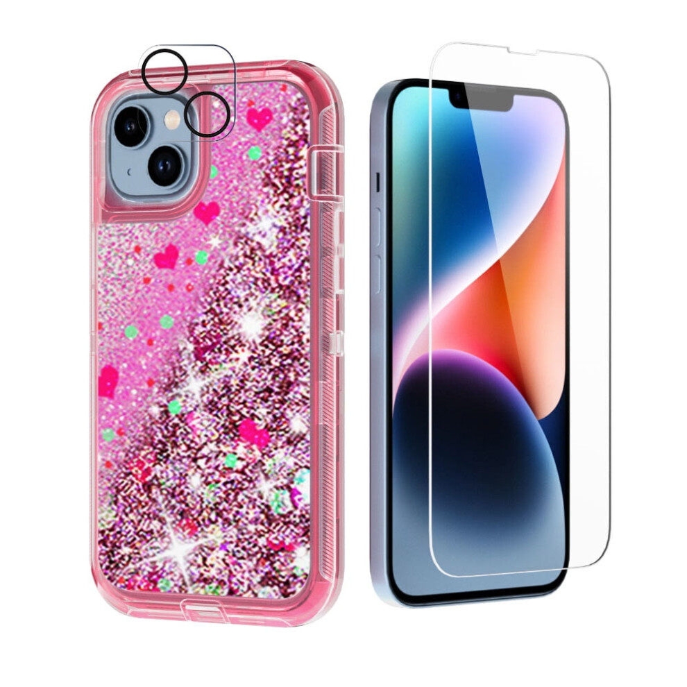 Compatible With Iphone 14 Plus: Bling Glitter Quicksand Clear Shockproof Case + Screen & Camera Lens Protectors, Pink 9028731042978