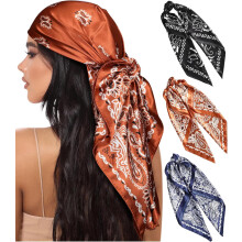 PUMIER 35" Lenço de Cabeça Quadrado Grande em Cetim - Conjunto de 3 Lenços de Cabelo em Cetim, Bandana de Seda, Lenço de Cabeça com Toque de