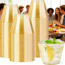 Paquete de 50 vasos de plástico desechables de 255 ml con purpurina dorada – Ideales para restaurantes, bodas, fiestas y más.