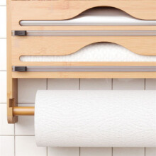 Bamboo 2 Compartment Cling Film Tin Foil Cutter Box with Kitchen Paper Wall Mounted Paper Towel Organizer