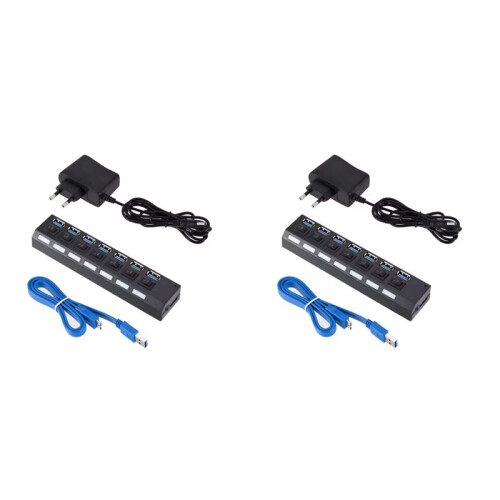 2X USB 3.0 Hub USB Hub USB Splitter Use Power Adapter 7 Port Multiple Expander 3.0 USB3 Hub with  for PC EU Plug
