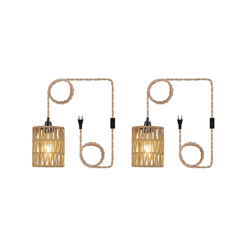 Semoic 2X Boho Plug In Pendant Light, Hanging Light With Plug In Cord, Ceiling Lamp Rattan Cylinder Lamp Shade Eu Plug
