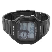Wasserdichte Edelstahl-Digital-Chronograph-Sportuhr mit Leuchtanzeige und eingebauter Batterie, Schwarz