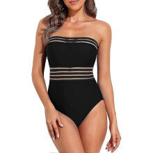 (4-6,Black)Women's Strapless One Piece Swimsuits Tummy Control Swimwear Halter Slimming Bathing Suits