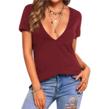 Women'S Deep V T-Shirt Summer Short Sleeve Loose Casual Top Wine Red M