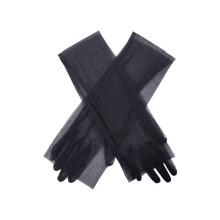Xinwanna Women's See-Through Mesh Arm Covers – Pleated, Five-Finger, Literary Style for Prom/Wedding/Photo (Black, One Size)